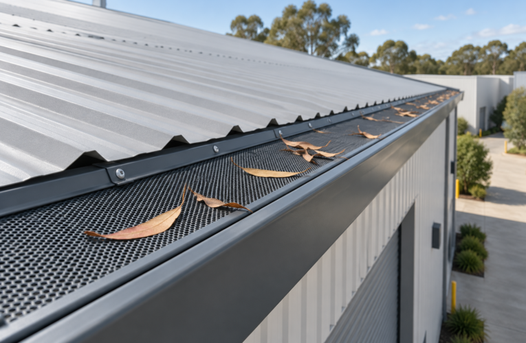 Gutter protection mesh along a commercial warehouse roof.