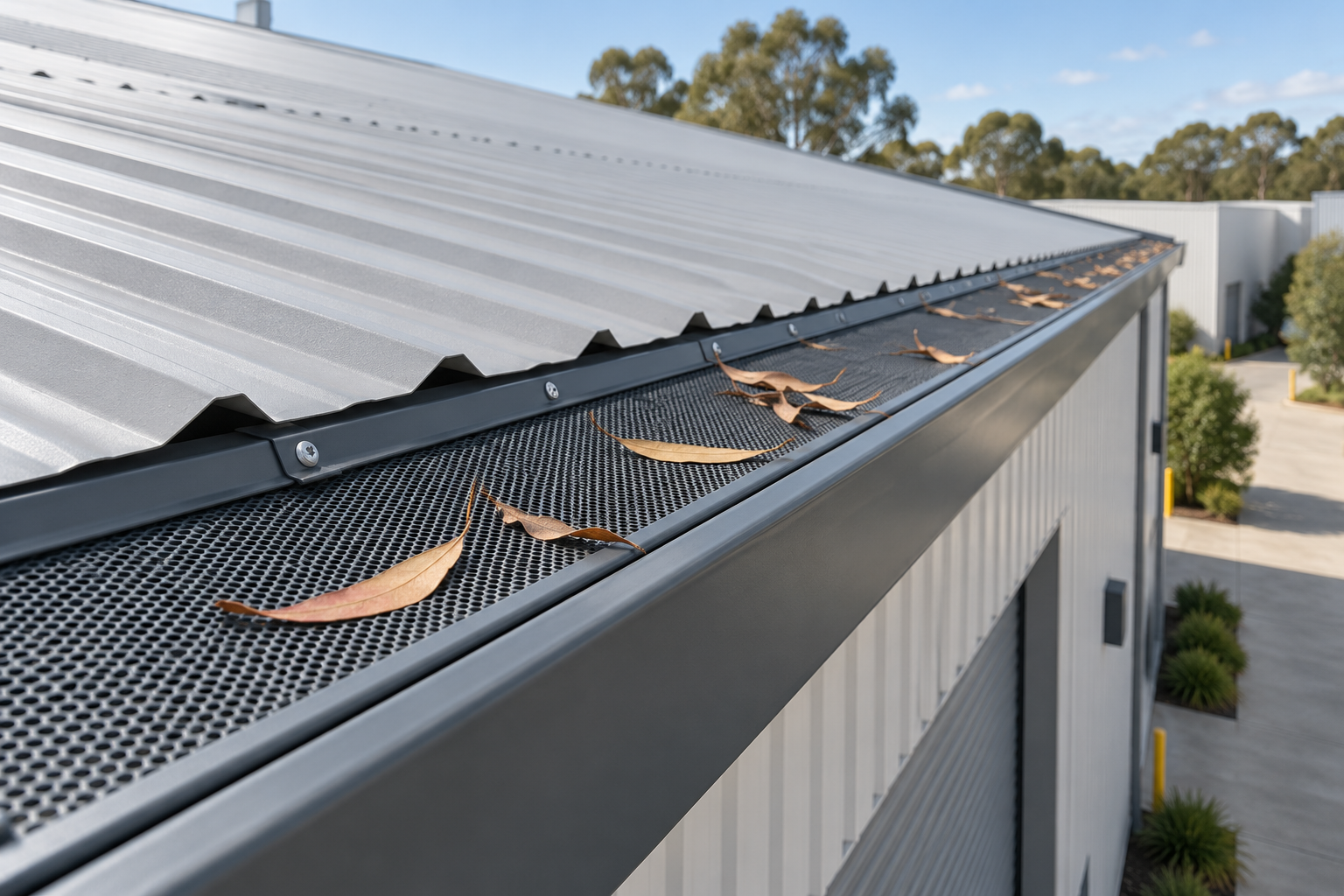 Gutter protection mesh along a commercial warehouse roof.