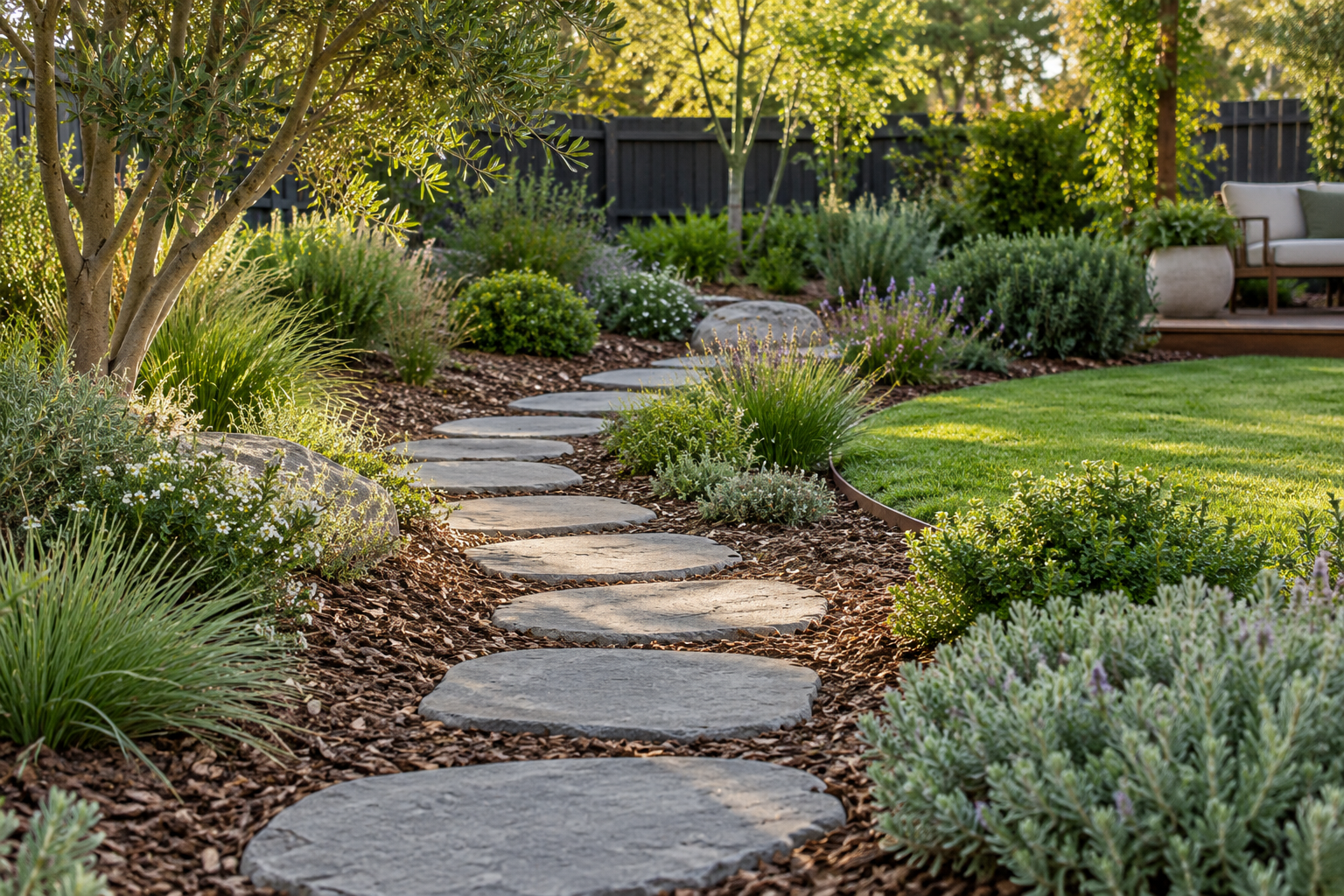 Stepping stone path beside a planted garden bed
